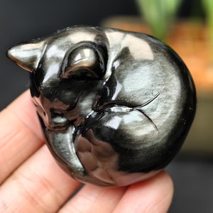 May include: A polished, black obsidian cat figurine in a curled-up sleeping position. The sculpture has a smooth, reflective surface with subtle silver streaks. The cat's ears and facial features are clearly defined.