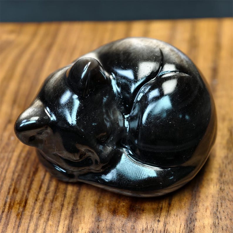 May include: A glossy black cat figurine curled up in a sleeping position. The sculpture has smooth, rounded features and reflects light, creating highlights. The cat's form is compact and detailed, suggesting a decorative item.