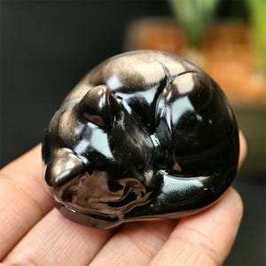 May include: A polished, black obsidian cat figurine in a curled-up sleeping position. The sculpture has a smooth, reflective surface with subtle golden inclusions. The cat's features are detailed, showcasing its ears and curled tail.