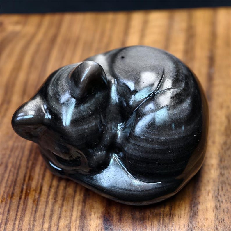 May include: A polished, black obsidian cat figurine in a curled sleeping position. The stone has a reflective, striped pattern with hints of silver. The cat's form is smooth and rounded, with visible details of its ears and paws.