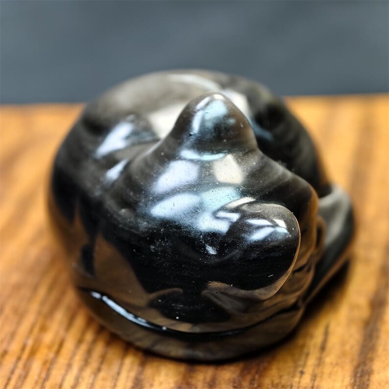 May include: A polished, black obsidian cat figurine. The sculpture has a smooth, glossy finish with subtle, natural patterns. The cat is depicted in a curled-up position, with its head and body forming a rounded shape. The figurine is displayed on a wooden surface.