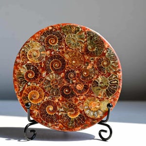 Puede incluir: Una placa decorativa circular que presenta un mosaico de numerosos fósiles de amonites en espiral de color marrón y bronceado incrustados en una matriz de resina de color rojo anaranjado, sobre un soporte de alambre negro.