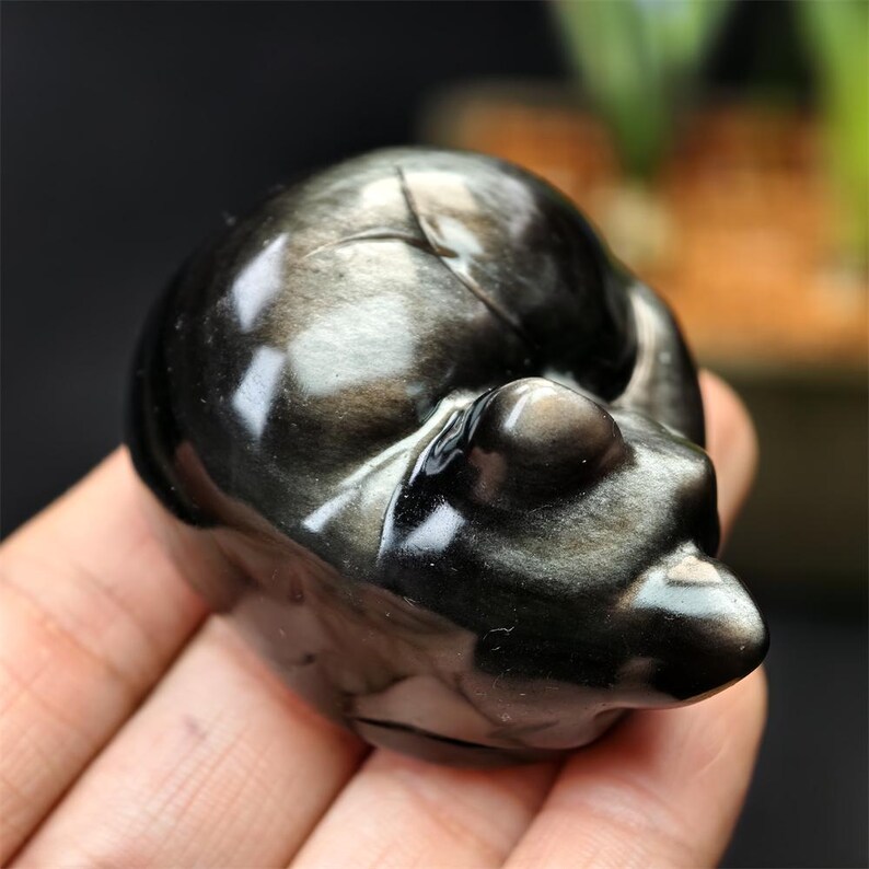 May include: A polished, black obsidian skull sculpture with iridescent silver and gold streaks. The skull is smooth and rounded, with defined facial features. The sculpture is held in a hand, showcasing its size and detail.