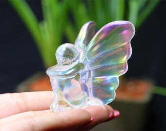 Gegalvaniseerd kristallen feeënbeeldje, fee met titanium auracoating, handgesneden edelsteen feeënstandbeeld, woondecoratie, uniek cadeau