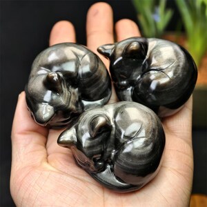 May include: Three polished obsidian cat figurines, each curled in a sleeping position. The cats have a reflective, metallic sheen with swirling patterns of black and silver. The figurines are held in a hand.
