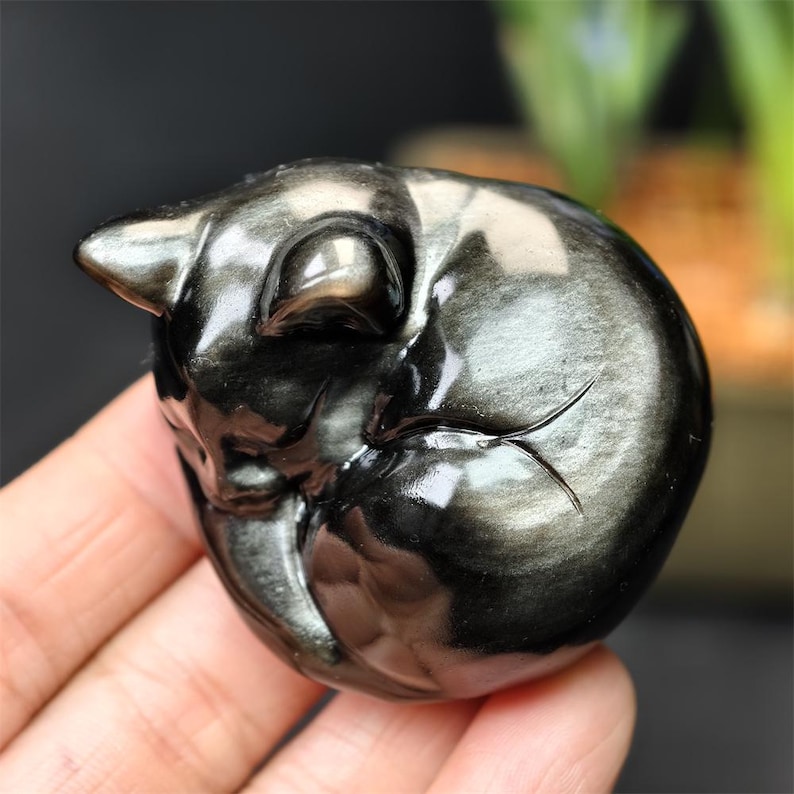 May include: A polished, black obsidian cat figurine in a curled-up sleeping position. The sculpture has a smooth, reflective surface with subtle silver streaks. The cat's ears and facial features are clearly defined.