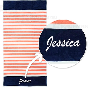 Personalized Beach Towel: XL Cotton Velour Striped Towels, Embroidered Custom Beach Towels, Oversized and with Hanging Loop