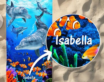 Personalized Dolphin Beach Towel: Tropical Reef Design, 100% Cotton (30x60")