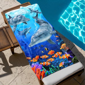 Dolphins Beach Towel, Tropical Dolphins Towel | Oceanic Beach Towel, Cotton Beach Towel, Bath Towel, Gifts for Naturalist 30x60&quot;