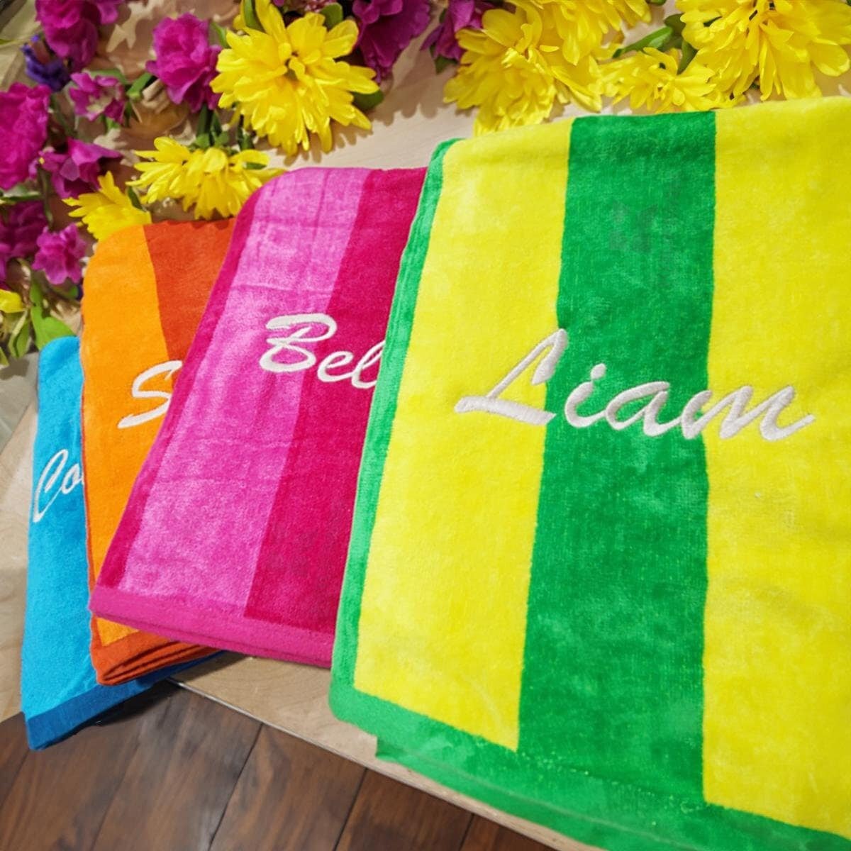 Kaufman Personalized Beach and Pool Towels, 30" X 60" Velour Custom Beach Towels, US Cotton, Striped Embroidered Beach Towels Free Shipping