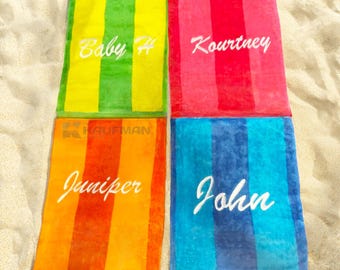 Kaufman Personalized Striped Beach Towels, 30" X 60" Embroidered Name Beach and Pool Towels Custom Beach Towels, Velour Cotton Free Shipping