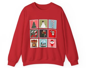 Sudadera navideña con estampado de sellos, estilo jersey de cuello redondo navideño