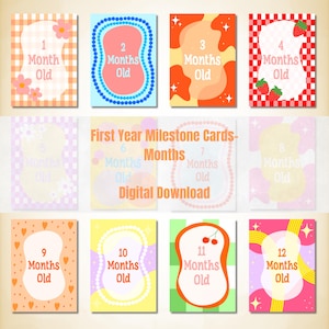 A6 Digitale Sammelkarten – 12 Monatsdrucke | Bunter Maximalist Stil | Druckbare Baby Foto Requisiten