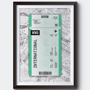 May include: A green and white airline ticket with the text "WWD INTERNATIONAL" printed on it. The ticket is surrounded by a collage of vintage travel stamps.