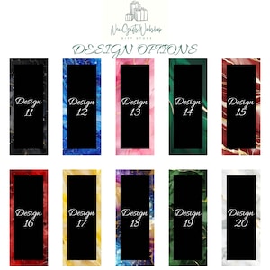 Puede incluir: Un collage de 10 opciones de dise&ntilde;o diferentes para un producto. Cada dise&ntilde;o presenta un fondo marmoleado &uacute;nico con un rect&aacute;ngulo negro en el centro. Los rect&aacute;ngulos est&aacute;n numerados del 11 al 20.