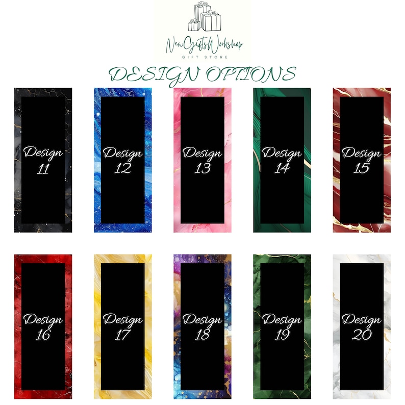 Puede incluir: Un collage de 10 opciones de dise&ntilde;o diferentes para un producto. Cada dise&ntilde;o presenta un fondo marmoleado &uacute;nico con un rect&aacute;ngulo negro en el centro. Los rect&aacute;ngulos est&aacute;n numerados del 11 al 20.