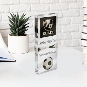 Peut inclure: Un trophée en acrylique transparent sur le thème du football. Le trophée présente le texte "EAGLES" et "Athlète de l'année", ainsi qu'un graphisme de ballon de football et le nom "Michael Torres". Le trophée est rectangulaire et se tient debout.