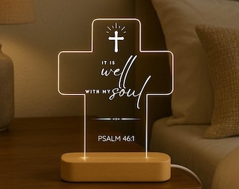 Bible Verse LED Night Light – Custom Scripture Cross Lamp – Personalized Christian Gift with Wooden Base