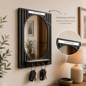 Personalized Entryway Mirror with Key Holder, Custom Family Name Organizer