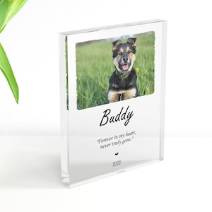Puede incluir: Un bloque acrílico transparente con una foto de un perro llamado Buddy. La foto está en un marco blanco con borde rasgado. Debajo de la foto, el nombre "Buddy" está escrito en cursiva, con la cita "Forever in my heart, never truly gone." y el año 2022.