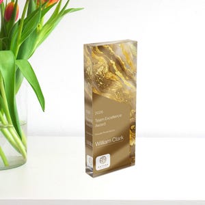 May include: A rectangular award with a gold and amber marbled design. The award has a gold panel with the text "Team Excellence Award" and "William Clark". The award is presented on a white surface.