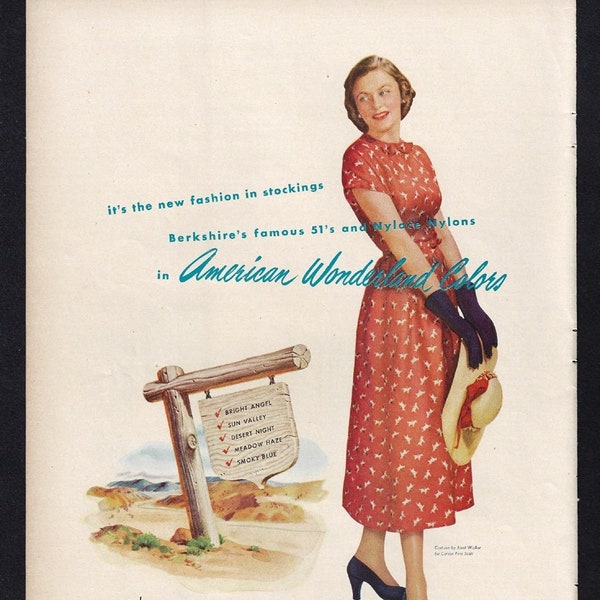 Vintage 1948 Sheer BERKSHIRE STOCKINGS Print Ad "in American Wonderland Colors"