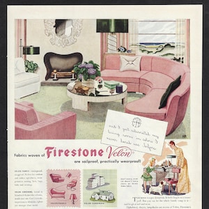 Vintage 1946 FIRESTONE VELON FABRIC Print Ad - 1940&#39;s Living Room Interior Design