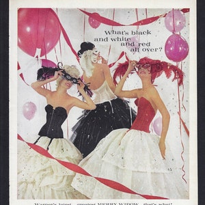 Vintage 1960 WARNER&#39;S MERRY WIDOW Lingerie Print Ad &quot;What&#39;s black and white and red all over?&quot; New and Young
