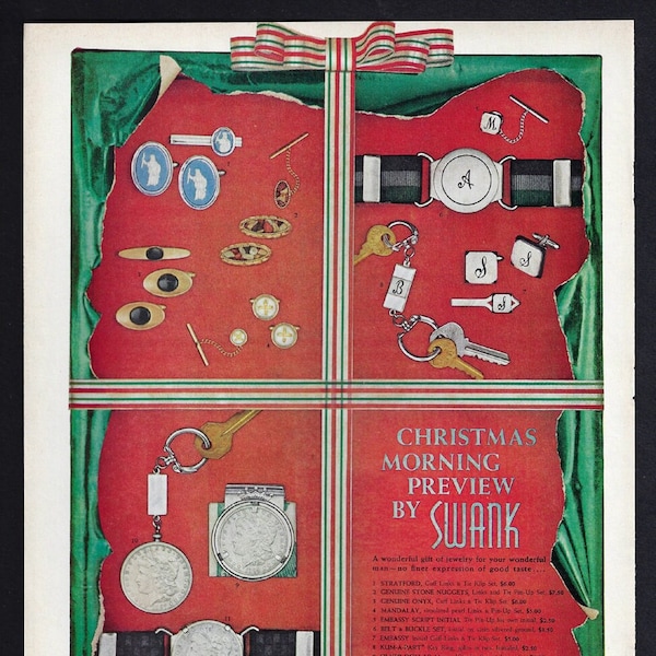 Vintage 1960 SWANK Men's Jewelry Print Ad "Christmas Morning Preview by Swank"