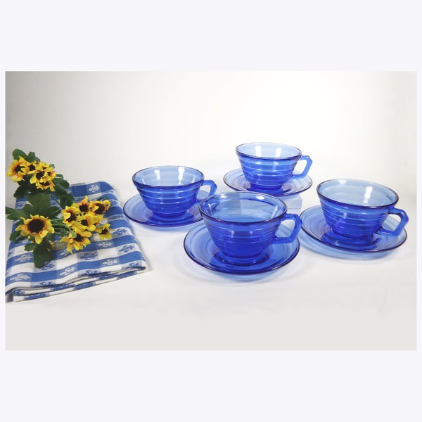 Set of 4 Cobalt Blue MODERNTONE CUPS and SAUCERS - Hazel Atlas Depression Glass