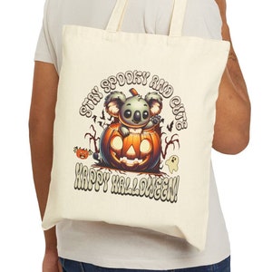 Halloween Cute Cotton Canvas Tote Bag, Trick or Treat Tote Bag, Canvas Halloween Tote Bag, Cute Koala Halloween Trick or Treat Tote Bag.