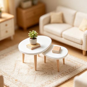 Könnte beinhalten: Ein Miniatur-Wohnzimmerset bestehend aus zwei weißen ovalen Couchtischen mit hellen Holzbeinen, einem cremefarbenen Sofa mit zwei passenden Kissen, einem Beistelltisch aus hellem Holz, einem Schrank aus hellem Holz und einer kleinen Sukkulente.