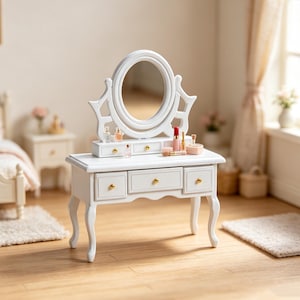 Cute Curved Leg Miniatures Dollhouse Vanity Table, Wooden Dollhouse Dressing Table, Tiny Bedroom Diorama Accessory