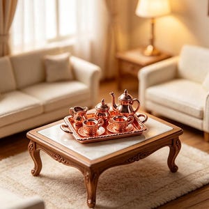 Mini Copper Tea Coffee Set with Serving Tray, Dollhouse Tiny Metal Teapot Cup Saucer Kit, Luxury Living Room Table Decor