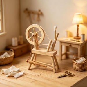 Könnte beinhalten: Ein Miniatur-Spinnrad aus hellem Holz mit einem runden Rad, einem Trittbrett und einem Spinnrocken. Die Holzkonstruktion ist mit einer dünnen Schnur versehen, die das Rad mit der Spindel verbindet. Das Spinnrad ist ein detailliertes Modell.