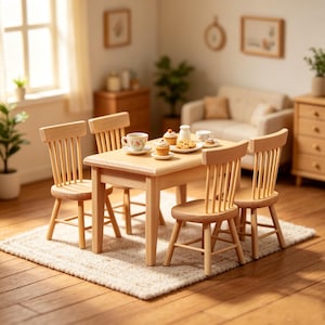 Natural Wood Dining Table & 4 Chairs Set, Dollhouse Windsor Dining Furniture, Tiny Kitchen Table Set, Miniature Diorama Scene Accessory