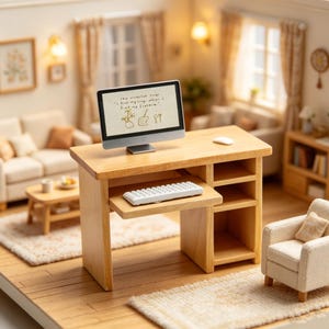 Könnte beinhalten: Ein Miniatur-Computerschreibtisch aus Holz mit ausziehbarer Tastaturablage, einem Monitor mit Text und Zeichnungen, einer weißen Computermaus und einer weißen Tastatur. Der Schreibtisch verfügt über offene Regalfächer auf der rechten Seite.