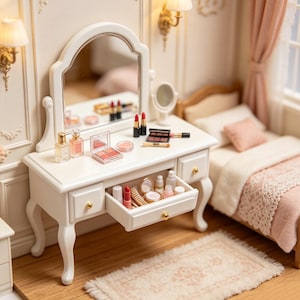 White Curved Leg Miniatures Dollhouse Vanity Table, Wooden Dollhouse Dressing Table, Tiny Bedroom Diorama Accessory