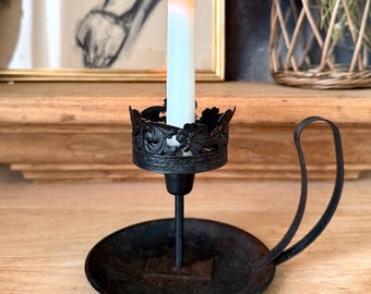 Ornate Vintage Iron Candlestick with Handle | Primitive European-Style Taper Candle Holder