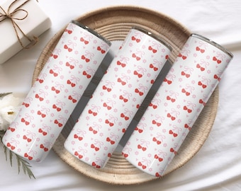 Vaso Coquette Cherry de 20 oz: vaso de acero inoxidable con pajita, lazo y diseño floral, regalo de San Valentín para ella.