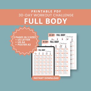 30-Day Full Body Workout Challenge: Printable Fitness Plan (Digital Download, 3 Sizes