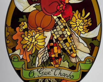 Suncatcher Autumn Harvest Thanksgiving Window Art - "Give Thanks"- Joan Baker- Vintage 1994