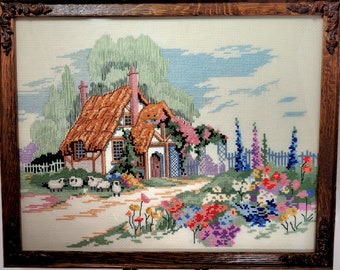 Cross Stitch Country Scene - Cottage with Lambs and Flowers - Framed - Vintage - Country Chic