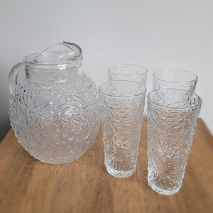 Anchor Hocking Milano Lido Clear Textured Glass Pitcher and 4 Tumbler Set - Vintage 1970&#39;s - MCM