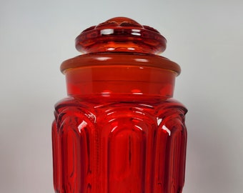 L E Smith Large "Moon and Stars" Glass Jar in Red (Amberina) with lid Vintage 1960's