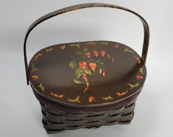 Woven Sewing Basket Box - Homemade - Floral Decoupage - Vintage 60's