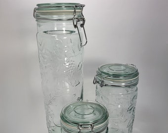 Fruit Embossed Glass Canister Set of 3 - Kitchen Jars - Vintage