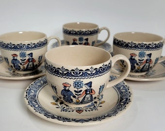 Set of 4 Tea Cups and Saucers - "Hearts and Flowers" by the Johnson Brothers England - Colonial Style - Vintage