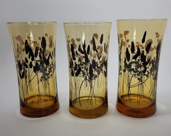 3 Federal Interlude Highball Hourglass Glasses - Amber glass - Cattail print - Vintage - 70's