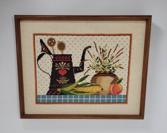 Kitchen Cross Stitch - Kettle - Wall Hanging - Wall decor - Wooden Frame  - No Glass - Vintage - 80's